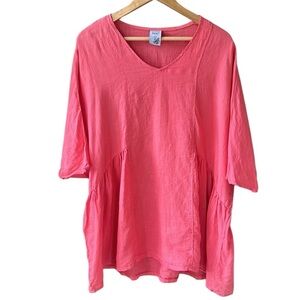 Match Point Coral Size S (6 to 10) 100% Linen V Neck Lagenlook Beachy Tunic Top